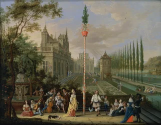 Elegant Figures Playing Musical Instruments around a Maypole
